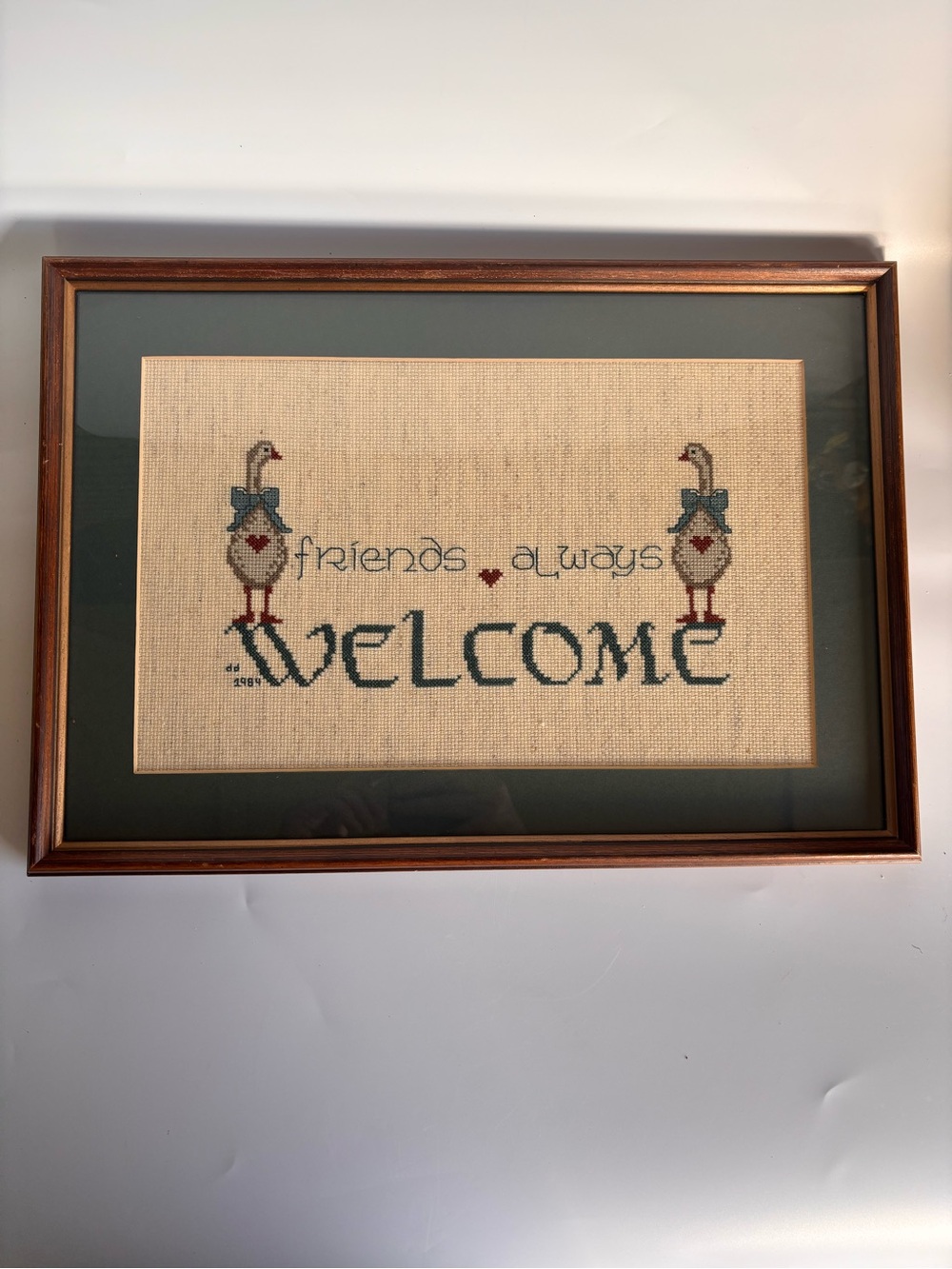 Vintage Cross Stitch Art Framed Glass Handmade Welcome Friends Geese Duck Blue